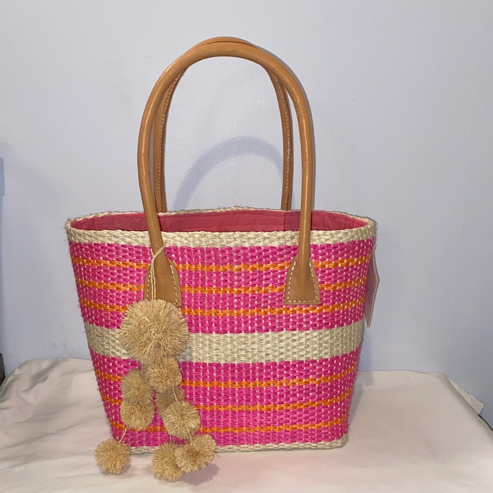 NWT Shebobo Imperial small basket with pom poms sisal and leather bag, fuschia